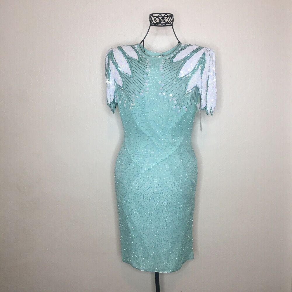 Vth Scala Turquoise White Beaded Sequin Cut Out Back Dress Women’s Size S NWTs